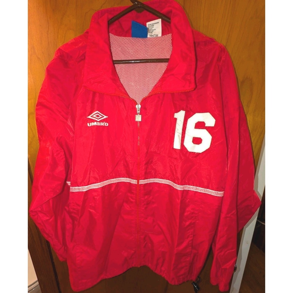 Umbro Men's Vintage 1990s Soccer Red LS Hooded Windbreaker Jacket Size Large